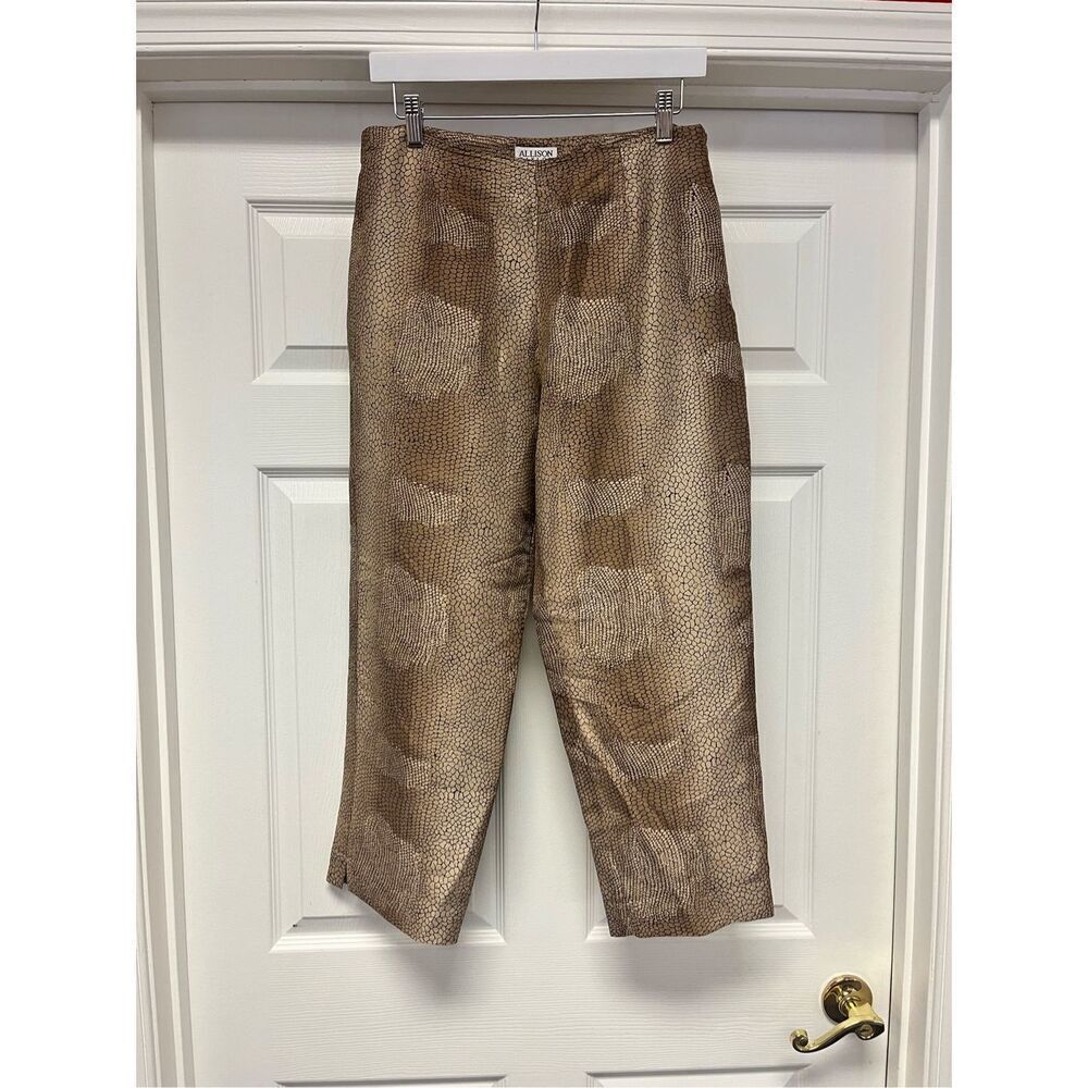 Allison Taylor Tan & Black 100% Silk Reptile Print Side Zip Ankle Pants sz 10 EU